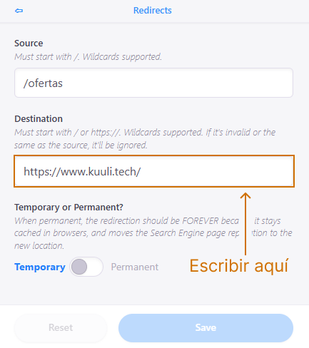 External URL in the Destination field